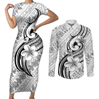Hawaii Plumeria Lokelani Pikake Lei Couples Matching Short Sleeve Bodycon Dress and Long Sleeve Button Shirt Ele'ele Polynesian Tattoo LT9 Black - Polynesian Pride