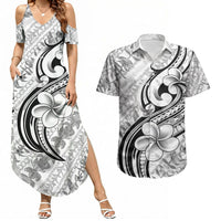 Hawaii Plumeria Lokelani Pikake Lei Couples Matching Summer Maxi Dress and Hawaiian Shirt Ele'ele Polynesian Tattoo LT9 Black - Polynesian Pride