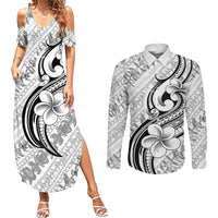 Hawaii Plumeria Lokelani Pikake Lei Couples Matching Summer Maxi Dress and Long Sleeve Button Shirt Ele'ele Polynesian Tattoo LT9 Black - Polynesian Pride