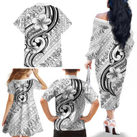 Hawaii Plumeria Lokelani Pikake Lei Family Matching Off The Shoulder Long Sleeve Dress and Hawaiian Shirt Ele'ele Polynesian Tattoo LT9 Mom's Dress Black - Polynesian Pride