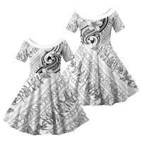 Hawaii Plumeria Lokelani Pikake Lei Family Matching Off Shoulder Maxi Dress and Hawaiian Shirt Ele'ele Polynesian Tattoo LT9 Daughter's Dress Black - Polynesian Pride
