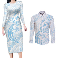 Hawaii Plumeria Lokelani Pikake Lei Couples Matching Long Sleeve Bodycon Dress and Long Sleeve Button Shirt Uliuli Polynesian Tattoo LT9 Blue - Polynesian Pride
