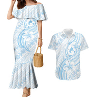 Hawaii Plumeria Lokelani Pikake Lei Couples Matching Mermaid Dress and Hawaiian Shirt Uliuli Polynesian Tattoo LT9 Blue - Polynesian Pride