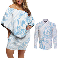 Hawaii Plumeria Lokelani Pikake Lei Couples Matching Off Shoulder Short Dress and Long Sleeve Button Shirt Uliuli Polynesian Tattoo