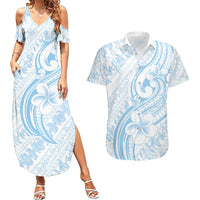 Hawaii Plumeria Lokelani Pikake Lei Couples Matching Summer Maxi Dress and Hawaiian Shirt Uliuli Polynesian Tattoo LT9 Blue - Polynesian Pride