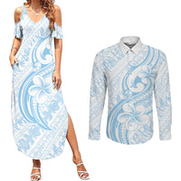 Hawaii Plumeria Lokelani Pikake Lei Couples Matching Summer Maxi Dress and Long Sleeve Button Shirt Uliuli Polynesian Tattoo LT9 Blue - Polynesian Pride