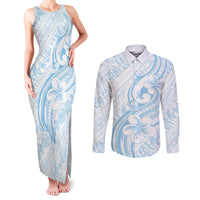 Hawaii Plumeria Lokelani Pikake Lei Couples Matching Tank Maxi Dress and Long Sleeve Button Shirt Uliuli Polynesian Tattoo LT9 Blue - Polynesian Pride