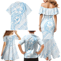 Hawaii Plumeria Lokelani Pikake Lei Family Matching Mermaid Dress and Hawaiian Shirt Uliuli Polynesian Tattoo LT9 Mom's Dress Blue - Polynesian Pride