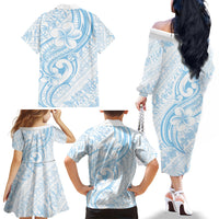 Hawaii Plumeria Lokelani Pikake Lei Family Matching Off The Shoulder Long Sleeve Dress and Hawaiian Shirt Uliuli Polynesian Tattoo LT9 Mom's Dress Blue - Polynesian Pride