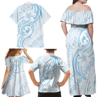 Hawaii Plumeria Lokelani Pikake Lei Family Matching Off Shoulder Maxi Dress and Hawaiian Shirt Uliuli Polynesian Tattoo LT9 Mom's Dress Blue - Polynesian Pride