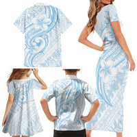 Hawaii Plumeria Lokelani Pikake Lei Family Matching Short Sleeve Bodycon Dress and Hawaiian Shirt Uliuli Polynesian Tattoo LT9 Mom's Dress Blue - Polynesian Pride