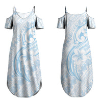 Hawaii Plumeria Lokelani Pikake Lei Family Matching Summer Maxi Dress and Hawaiian Shirt Uliuli Polynesian Tattoo LT9 Mom's Dress Blue - Polynesian Pride