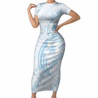Hawaii Plumeria Lokelani Pikake Lei Short Sleeve Bodycon Dress Uliuli Polynesian Tattoo LT9 Long Dress Blue - Polynesian Pride