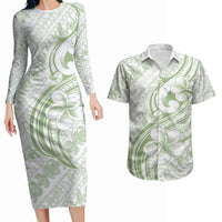 Hawaii Plumeria Lokelani Pikake Lei Couples Matching Long Sleeve Bodycon Dress and Hawaiian Shirt Oma'oma'o Polynesian Tattoo LT9 Green - Polynesian Pride