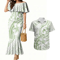 Hawaii Plumeria Lokelani Pikake Lei Couples Matching Mermaid Dress and Hawaiian Shirt Oma'oma'o Polynesian Tattoo LT9 Green - Polynesian Pride