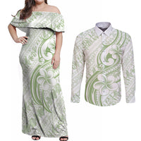 Hawaii Plumeria Lokelani Pikake Lei Couples Matching Off Shoulder Maxi Dress and Long Sleeve Button Shirt Oma'oma'o Polynesian Tattoo LT9 Green - Polynesian Pride