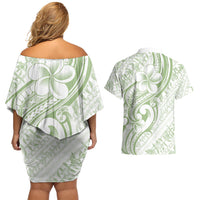 Hawaii Plumeria Lokelani Pikake Lei Couples Matching Off Shoulder Short Dress and Hawaiian Shirt Oma'oma'o Polynesian Tattoo LT9 - Polynesian Pride