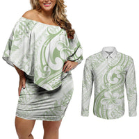 Hawaii Plumeria Lokelani Pikake Lei Couples Matching Off Shoulder Short Dress and Long Sleeve Button Shirt Oma'oma'o Polynesian Tattoo LT9 Green - Polynesian Pride
