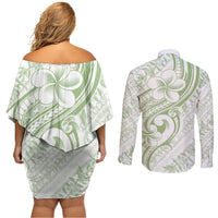 Hawaii Plumeria Lokelani Pikake Lei Couples Matching Off Shoulder Short Dress and Long Sleeve Button Shirt Oma'oma'o Polynesian Tattoo LT9 - Polynesian Pride