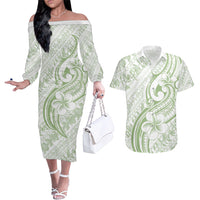Hawaii Plumeria Lokelani Pikake Lei Couples Matching Off The Shoulder Long Sleeve Dress and Hawaiian Shirt Oma'oma'o Polynesian Tattoo LT9 Green - Polynesian Pride