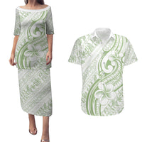 Hawaii Plumeria Lokelani Pikake Lei Couples Matching Puletasi and Hawaiian Shirt Oma'oma'o Polynesian Tattoo LT9 Green - Polynesian Pride