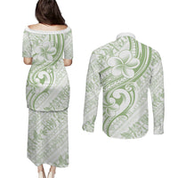 Hawaii Plumeria Lokelani Pikake Lei Couples Matching Puletasi and Long Sleeve Button Shirt Oma'oma'o Polynesian Tattoo
