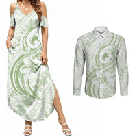 Hawaii Plumeria Lokelani Pikake Lei Couples Matching Summer Maxi Dress and Long Sleeve Button Shirt Oma'oma'o Polynesian Tattoo LT9 Green - Polynesian Pride