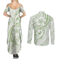 Hawaii Plumeria Lokelani Pikake Lei Couples Matching Summer Maxi Dress and Long Sleeve Button Shirt Oma'oma'o Polynesian Tattoo LT9 - Polynesian Pride