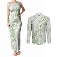 Hawaii Plumeria Lokelani Pikake Lei Couples Matching Tank Maxi Dress and Long Sleeve Button Shirt Oma'oma'o Polynesian Tattoo LT9 Green - Polynesian Pride