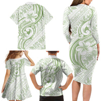 Hawaii Plumeria Lokelani Pikake Lei Family Matching Long Sleeve Bodycon Dress and Hawaiian Shirt Oma'oma'o Polynesian Tattoo LT9 Mom's Dress Green - Polynesian Pride