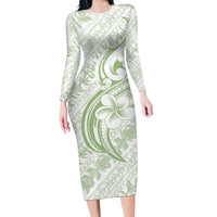 Hawaii Plumeria Lokelani Pikake Lei Family Matching Long Sleeve Bodycon Dress and Hawaiian Shirt Oma'oma'o Polynesian Tattoo LT9 Mom's Dress Green - Polynesian Pride