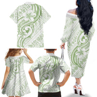 Hawaii Plumeria Lokelani Pikake Lei Family Matching Off The Shoulder Long Sleeve Dress and Hawaiian Shirt Oma'oma'o Polynesian Tattoo LT9 Mom's Dress Green - Polynesian Pride