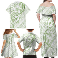 Hawaii Plumeria Lokelani Pikake Lei Family Matching Off Shoulder Maxi Dress and Hawaiian Shirt Oma'oma'o Polynesian Tattoo LT9 Mom's Dress Green - Polynesian Pride