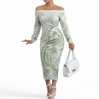 Hawaii Plumeria Lokelani Pikake Lei Off The Shoulder Long Sleeve Dress Oma'oma'o Polynesian Tattoo LT9 Women Green - Polynesian Pride