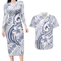 Hawaii Plumeria Lokelani Pikake Lei Couples Matching Long Sleeve Bodycon Dress and Hawaiian Shirt Navy Blue Polynesian Tattoo LT9 Navy Blue - Polynesian Pride