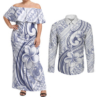Hawaii Plumeria Lokelani Pikake Lei Couples Matching Off Shoulder Maxi Dress and Long Sleeve Button Shirt Navy Blue Polynesian Tattoo LT9 Navy Blue - Polynesian Pride