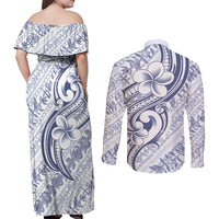 Hawaii Plumeria Lokelani Pikake Lei Couples Matching Off Shoulder Maxi Dress and Long Sleeve Button Shirt Navy Blue Polynesian Tattoo LT9 - Polynesian Pride
