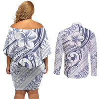 Hawaii Plumeria Lokelani Pikake Lei Couples Matching Off Shoulder Short Dress and Long Sleeve Button Shirt Navy Blue Polynesian Tattoo