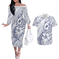 Hawaii Plumeria Lokelani Pikake Lei Couples Matching Off The Shoulder Long Sleeve Dress and Hawaiian Shirt Navy Blue Polynesian Tattoo LT9 Navy Blue - Polynesian Pride