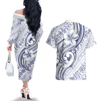 Hawaii Plumeria Lokelani Pikake Lei Couples Matching Off The Shoulder Long Sleeve Dress and Hawaiian Shirt Navy Blue Polynesian Tattoo LT9 - Polynesian Pride