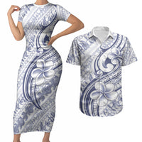 Hawaii Plumeria Lokelani Pikake Lei Couples Matching Short Sleeve Bodycon Dress and Hawaiian Shirt Navy Blue Polynesian Tattoo LT9 Navy Blue - Polynesian Pride