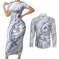 Hawaii Plumeria Lokelani Pikake Lei Couples Matching Short Sleeve Bodycon Dress and Long Sleeve Button Shirt Navy Blue Polynesian Tattoo LT9 Navy Blue - Polynesian Pride