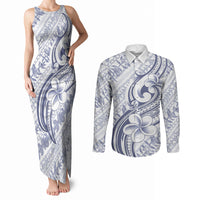 Hawaii Plumeria Lokelani Pikake Lei Couples Matching Tank Maxi Dress and Long Sleeve Button Shirt Navy Blue Polynesian Tattoo LT9 Navy Blue - Polynesian Pride