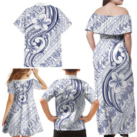 Hawaii Plumeria Lokelani Pikake Lei Family Matching Off Shoulder Maxi Dress and Hawaiian Shirt Navy Blue Polynesian Tattoo LT9 Mom's Dress Navy Blue - Polynesian Pride