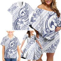 Hawaii Plumeria Lokelani Pikake Lei Family Matching Off Shoulder Short Dress and Hawaiian Shirt Navy Blue Polynesian Tattoo LT9 - Polynesian Pride