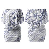 Hawaii Plumeria Lokelani Pikake Lei Family Matching Off Shoulder Short Dress and Hawaiian Shirt Navy Blue Polynesian Tattoo LT9 Mom's Dress Navy Blue - Polynesian Pride