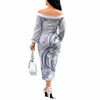 Hawaii Plumeria Lokelani Pikake Lei Off The Shoulder Long Sleeve Dress Navy Blue Polynesian Tattoo LT9 - Polynesian Pride