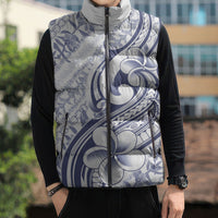 Hawaii Plumeria Lokelani Pikake Lei Sleeveless Puffer Jacket Navy Blue Polynesian Tattoo