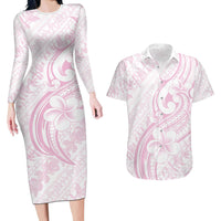 Hawaii Plumeria Lokelani Pikake Lei Couples Matching Long Sleeve Bodycon Dress and Hawaiian Shirt Poni Mama Polynesian Tattoo LT9 Pink - Polynesian Pride