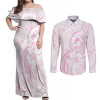 Hawaii Plumeria Lokelani Pikake Lei Couples Matching Off Shoulder Maxi Dress and Long Sleeve Button Shirt Poni Mama Polynesian Tattoo LT9 Pink - Polynesian Pride